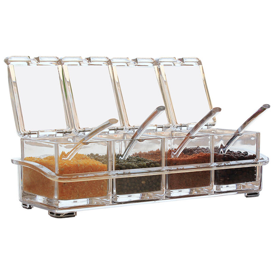 4 Pieces Acrylic Seasoning Box Set, Condiment Jars Storage Box - Cruet with Lid and 4 Spoon, Kitchen Utensils