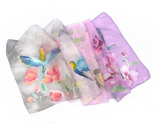 Silk Scarf Hummingbird - Personalized Colibri Silk Scarves Hand Painted Light Shawl Birds & Flowers Grandma Birthday Gift Gray Lila