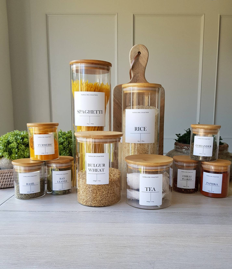 Eco Friendly Personalised Bamboo Storage Glass Jar | Waterproof Label Kitchen Pantry Food Spices Herbs