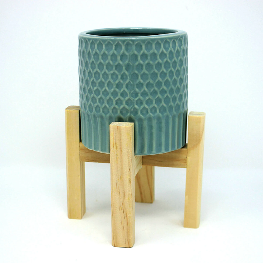 Ceramic Plant Pot Planter Herb Flowers Vase Cover With Wooden Stand