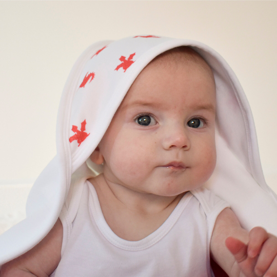 Personalised Hooded Baby Blanket, Organic Playful Red Dragons, Cymru