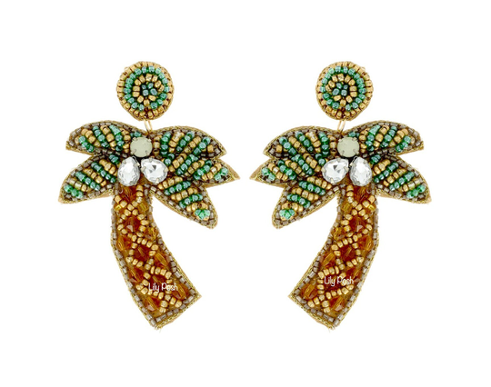 Palm Tree Earring, Seed Bead Rhinestone Tropical Tree, Beach Vacation, Party Favor