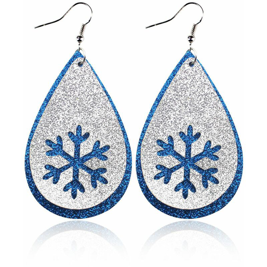 Ilovemilan - Christmas blue fine powder glitter frosted leather earrings Hollow out snowflake pu earrings