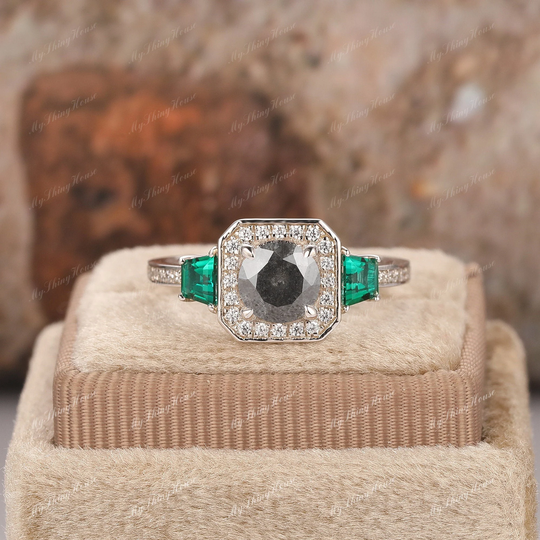 Round Cut 6mm Salt & Pepper Moissanite Wedding Ring/Vintage Bridal Ring/Solid Gold Ring/Art Deco Engagement Ring/Half Eternity Women Ring