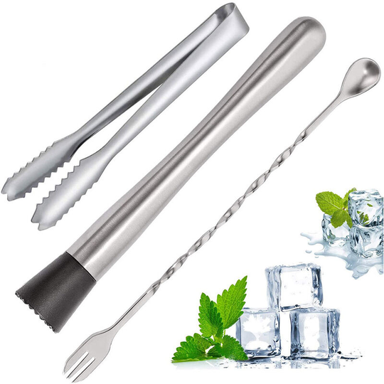 Sun Flowergb - 3 Piece Stainless Steel Mixing Tool Set, Grooved Nylon Head Muddler, Mixing Spoon with Trimming Fork Tip, Double Sided Cocktail