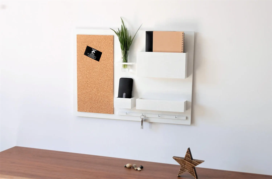 Wall Organizer - Wooden, On The Wall, Hanger For Keys, Mail, Newspapers, Pin Board, White, 24, 8 " X 17, 9