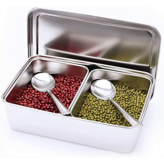 2 Grids Stainless Steel Seasoning Box Home Kitchen Hotel Spice Container Silver Metal Spice Box Spice Jar