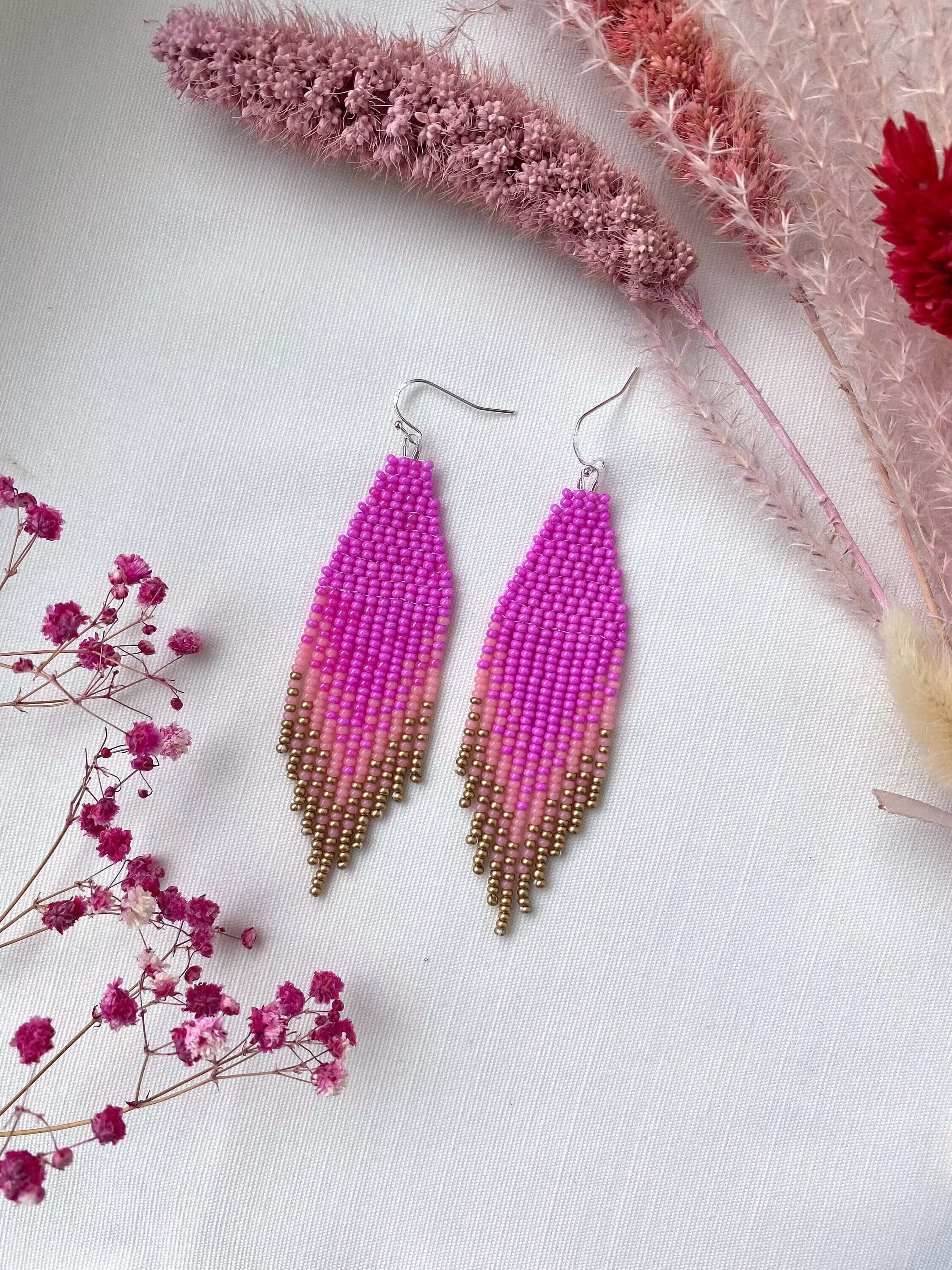 Pink Gold Beaded Earrings Ombre Seed Bead Candy Fringe Dangle Crimson Bohemian Chic Gift