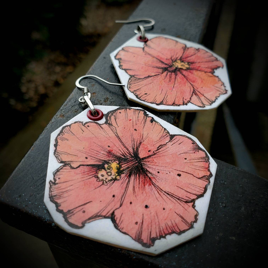 Red Hibiscus Flower Hand-Painted Charm Earrings