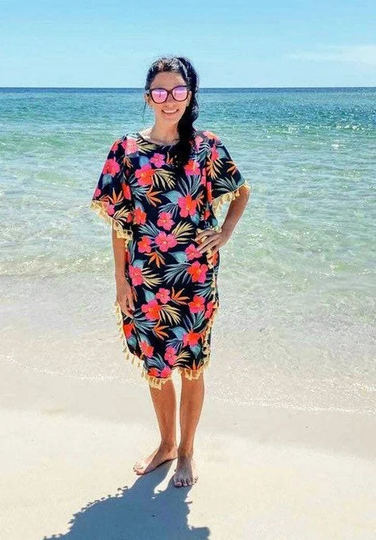 Black Hibiscus Swim Dress Caftan