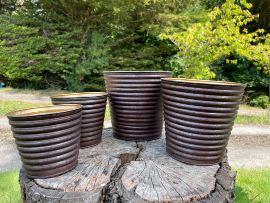 Galvanised Flower Pot Set 4 Ribbed Bronze Finish | Metal Garden Planter Gold