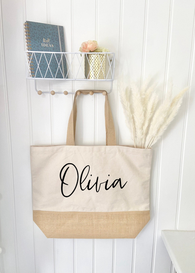 Personalised Xl Organic Jute Tote Bag, Weekend Customised Shopper Custom School Uni Birthday Gifts, Gifts For Her, Beach Bag