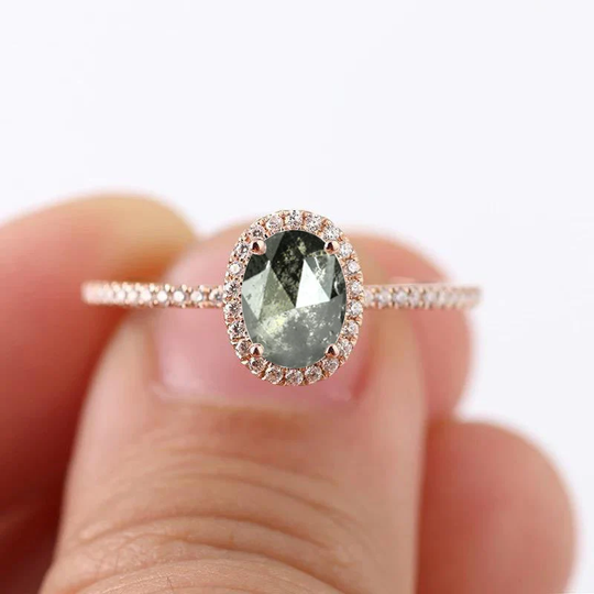 Salt & Pepper Diamond Oval Cut Ring | Grey Halo Cluster Ring Art Deco 9K/14K/18K Rose Gold Stimulant