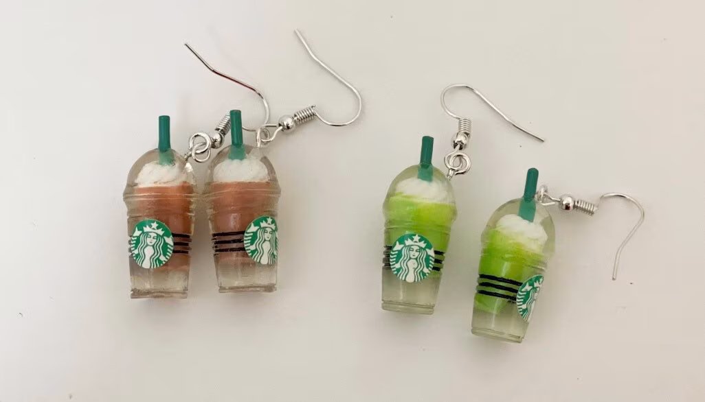Kawaii Iced Matcha Latte Frappuccino Coffee Cup Kitsch Funky Deco Dangle Drop Earrings