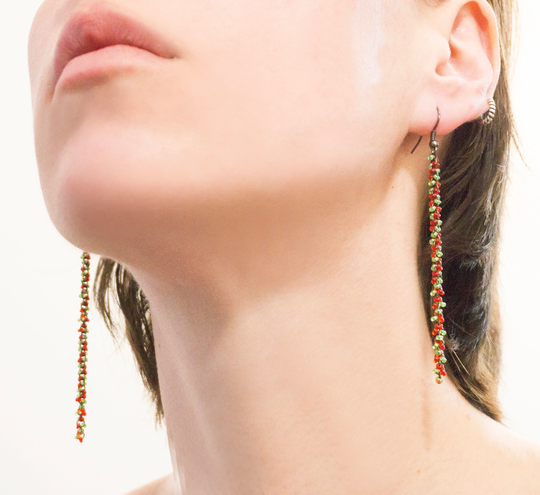 Long Thin Seed Bead Chain Earrings - Red Green Multicolor Everyday Lightweight Simple Cute Casual Jewelry For Women Gift