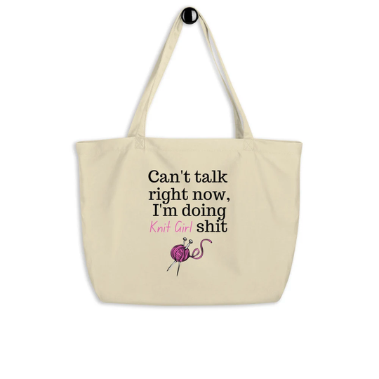 Knit Girl Organic Tote Bag, Gift For Knitters, Large Oyster Eco Grocery Carry All, Yarn Satchel