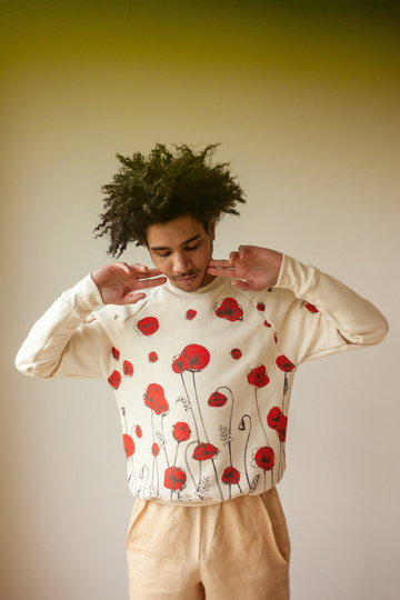 Organic Pullover Poppy Sweatshirt, Screenprinted Unisex Sweater, Raglan Crewneck, Red Orange Floral Print, Terry Sweater