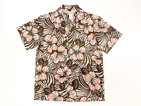 Men's Button Down Hawaiian Shirt, Made in Hawaii, Peach Hibiscus, Tropical Fern