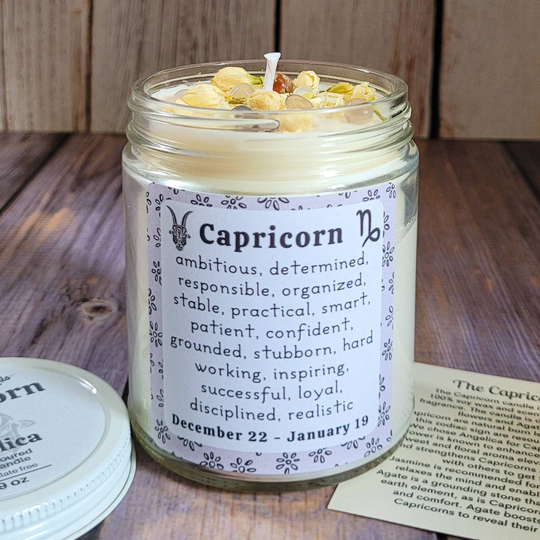 Capricorn Candle | Zodiac Gift With Gemstones & Herbs Eco Friendly