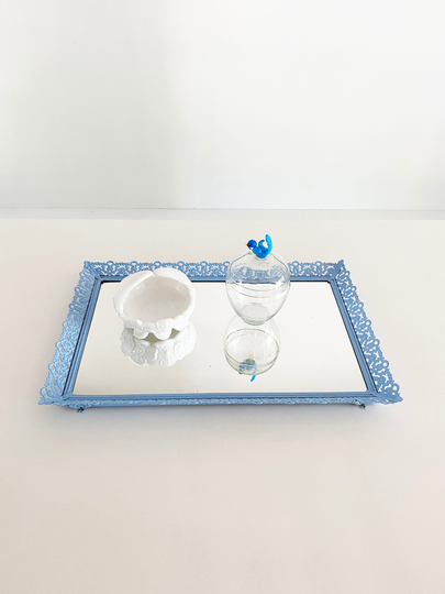 Mirrored Vanity Tray With Filigree Floral Decorative Edge-Powder Blue