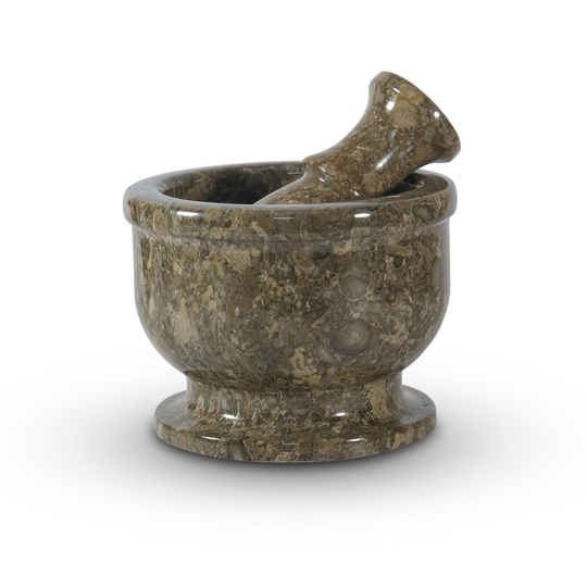 Handmade Luxury Fossil Grey Marble Mortar & Pestle, Rustic Herbs Grinding Stone, Healing Crystal Best Kitchen Decor & Mothers Day Gift
