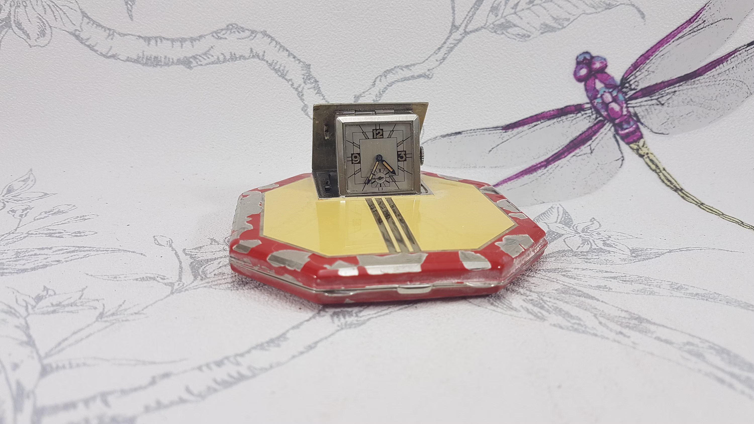Art Deco Enamel Watch Powder Compact, 1930S Chrome Compact Mirror With Pop Up Watch, Octagonal
