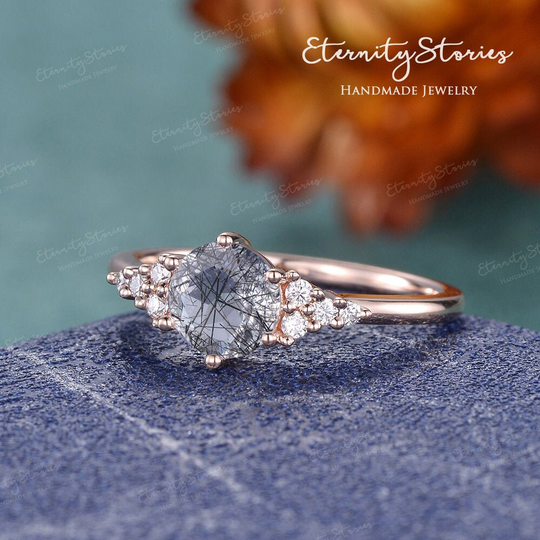 Salt & Pepper Balck Crystal Ring Round Cut Black Rutilated Quartz Engagement Diamond Cluster Rose Gold Wedding Ring Promise