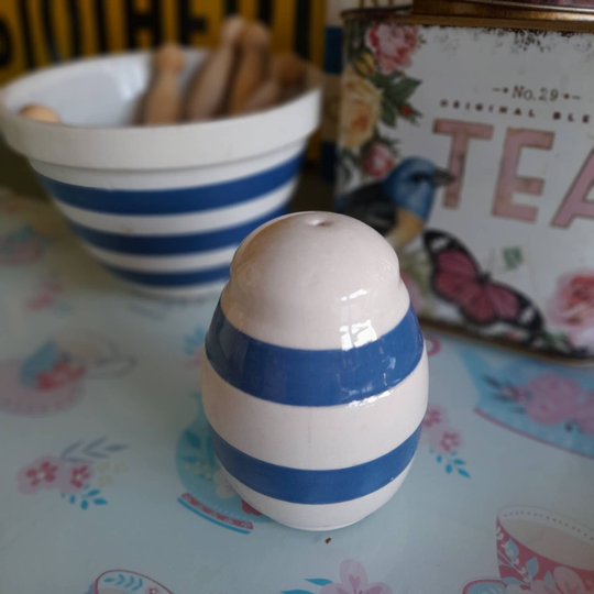 Cornishware Blue & White Stripe Salt Cellar, Original Stopper, Tg Green