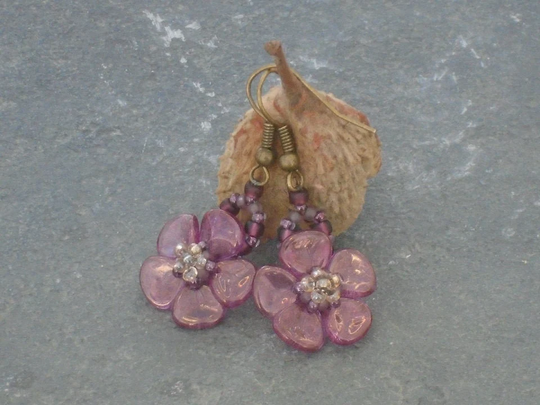 Hellebore Earrings, Czech Seed Bead & Glass Petal in Purple Pale Yellow Beads, UK Seller