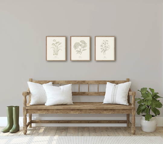 3 Botanical Prints Neutral Minimalist Line Drawing, Home Wall Art Set