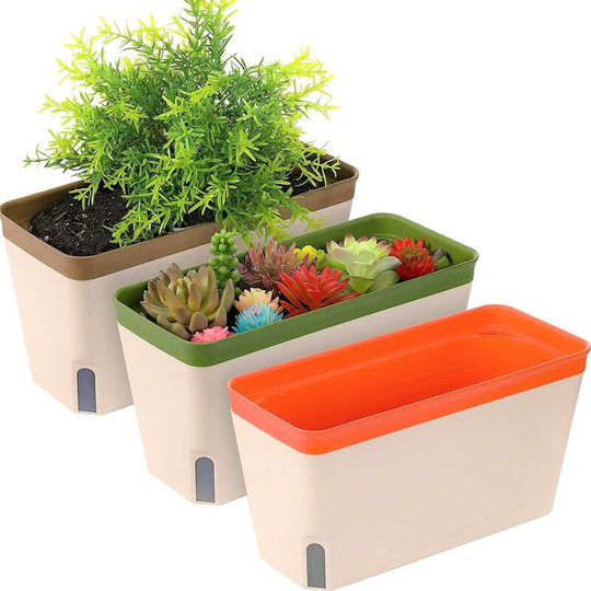 Benobbykids - 3 Pieces Self Watering Plant Pots, 27cm Plastic Rectangular Planters Garden Flower Bonsai Pots - with Water Level Window and Hidden