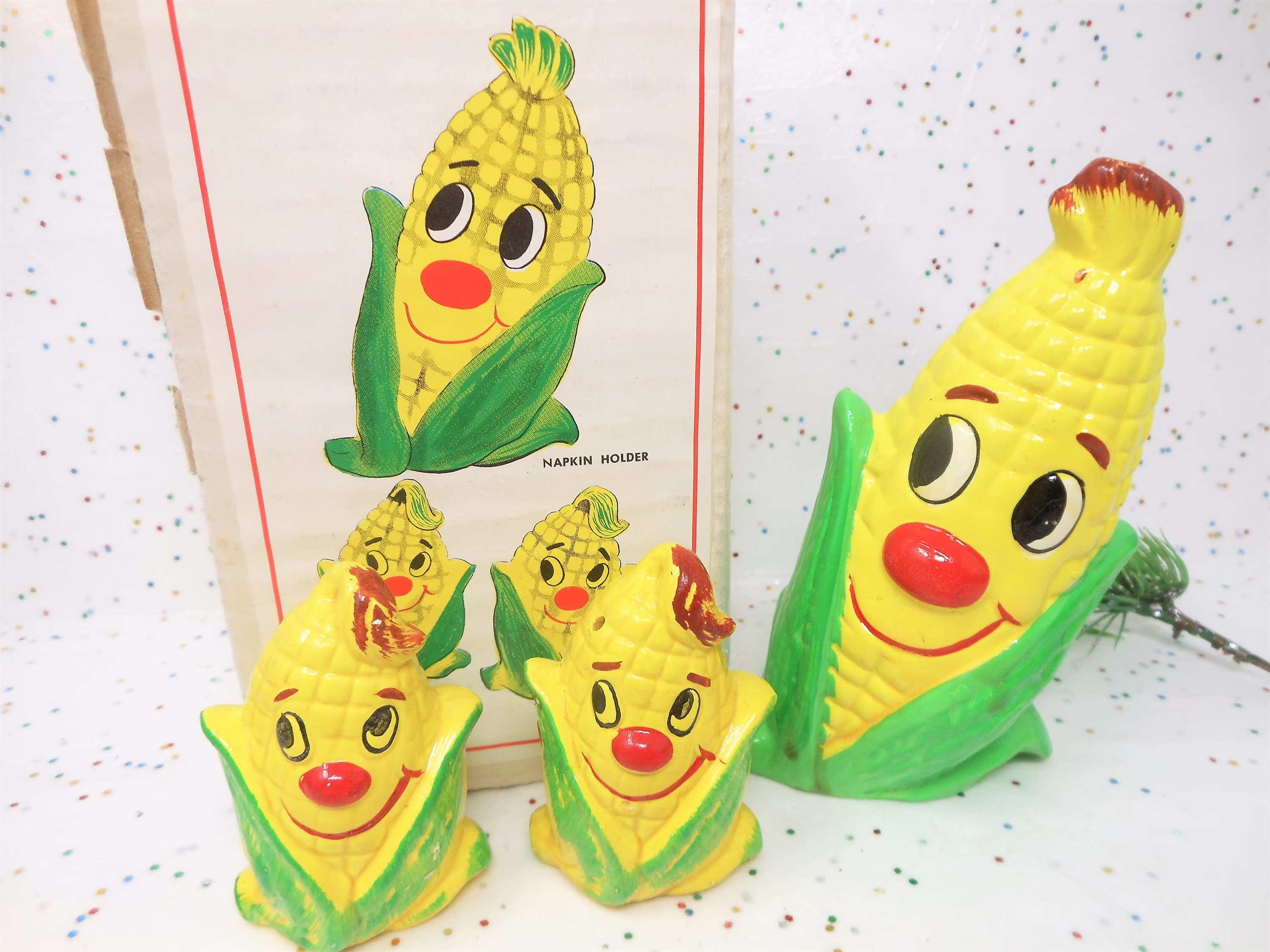 Vintage Anthropomorphic Corn Salt Pepper Napkin Holder Set Japan Ceramic Farmhouse Kitschy Cute Original Box Mid Century, Atomicshack.com