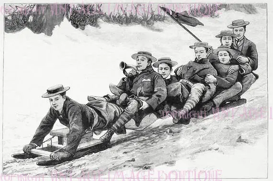 Antique Edwardian Illustration A Group Of Young Men On Sledge/ Sled Christmas Season Winter Solstice Holiday 5x7 Greeting Card