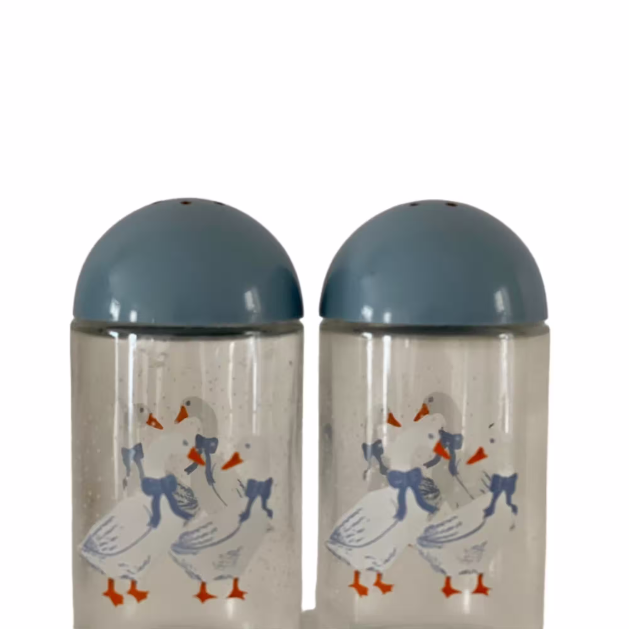 Blue Ribbon White Geese Vintage Salt & Pepper Shakers, 80's 90's Kitchen Decor