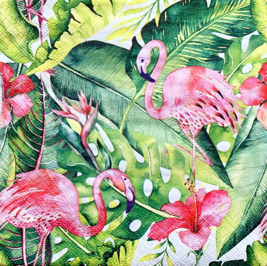 Decoupage Napkins, 2 Single Paper Decor #90, Flamingo Hibiscus, 13 Inches | 33 cm For Decoupage, Paper-Craft & Collage
