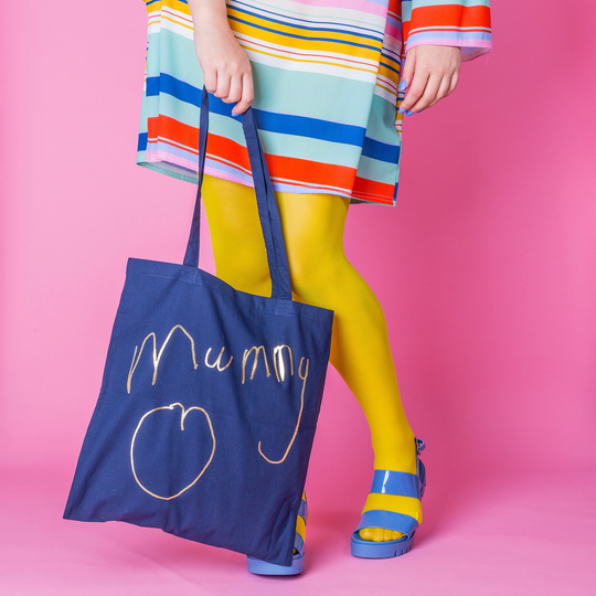 Organic Childrens Drawing Tote Bag - Mummy Personalised Navy Rose Gold Kids Artwork Gift Mothers Day Handwriting