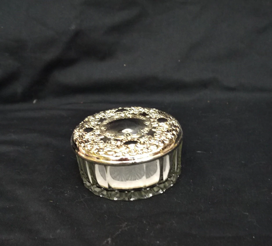 Silver Plate Powder Box Vintage & Glass Trinket Bowl With Mirror Dressing Table Lid A