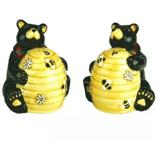 Salt + Pepper Set Bears in The Honey Pot Ceramic New Old Stock