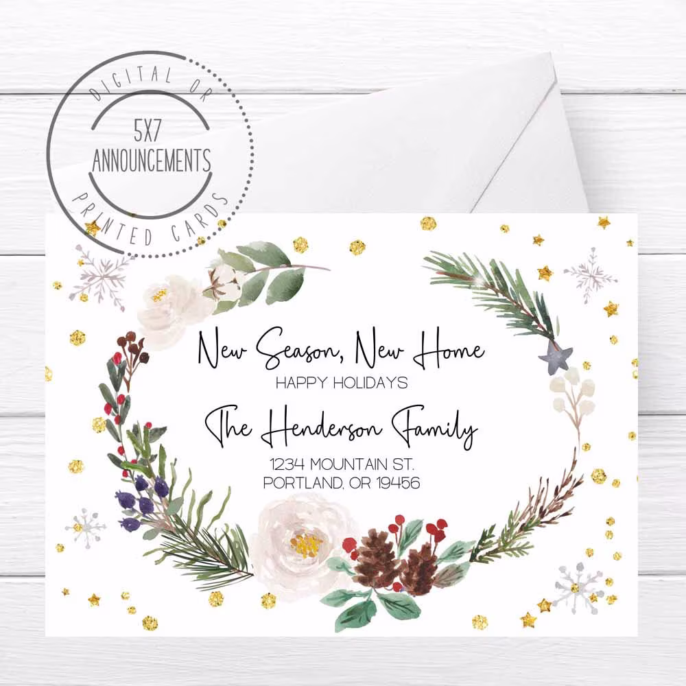 New Season New Home Moving Announcement, Christmas Greenery Watercolor Change Of Address Card, Holiday We Moved | Any Wording