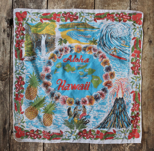 Vintage 1960S 60S Nylon Tourist Souvenir Head Neck Scarf Hawaii Blue Red Hibiscus Volcano