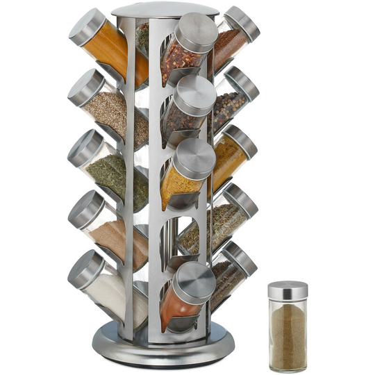 Spice Rack, 20 Glass Jars, Rotatable, Stainless Steel, h x d: approx. 34 x 22 cm, Silver - Relaxdays
