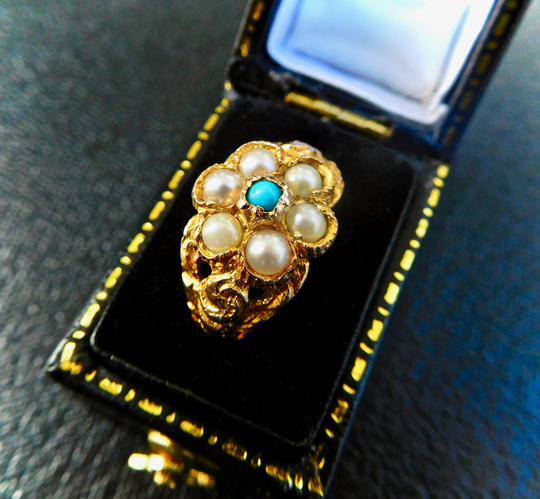 Yellow Gold Turquoise & Seed Pearl Ring, Antique Turquoise Engagament Ring, Vintage Daisy Cluster Pearl And