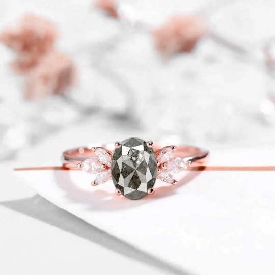Oval Salt & Pepper Diamond Engagement Ring in 9K/14K/ 18K Or Rose Gold Platinum | 7x5mm Bridal Birthstone For Her