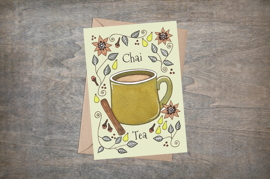 Chai Tea Greetings Card & Envelope - Spiced Cosy Winter Green Christmas Cinnamon Spice Coffee Shop Cafe Hot Drinks