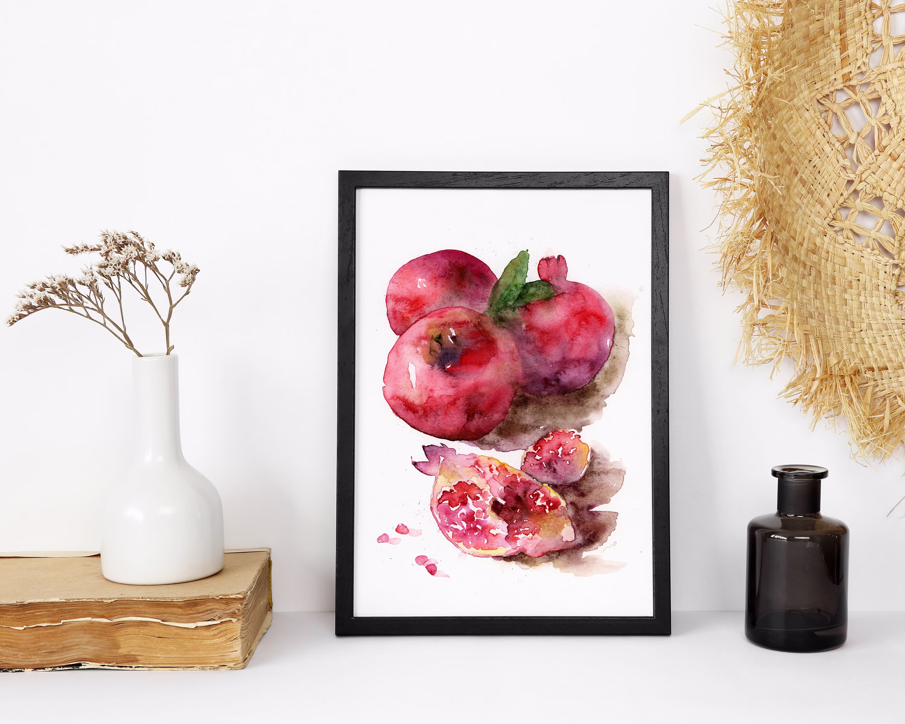 still Life Wall Art, Pomegranate Painting, Colorful Watercolor Fruit Print, Nature Art Kitchen Fruit Lover Gift
