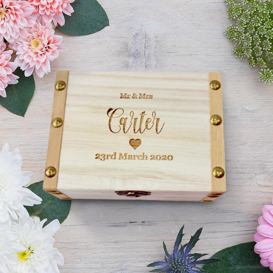 Personalised Engraved Wooden Keepsake Mini Wedding Rings Trinket Gift Box Heart Design Chest 14cm