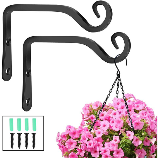 Kartokner - 2 Pack Black Wall Hanging Hooks - Hanging Brackets, Metal Wrought Iron Wall Hanging Basket Brackets, Hanging Basket Stand for Bird