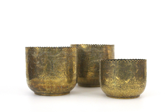 Rare Set Of Three Antique Persian Brass Planters With Superb Decorative Etchings || Middle Eastern Plant Pots Jardinieres Great Patina