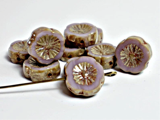 14mm Silk Purple Picasso Hibiscus Hawaiian Flower Czech Glass Beads | 6Pc, Diy Jewelry Bead Supply