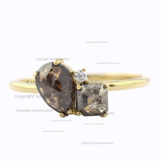 Salt & Pepper Diamond Ring in 14K Gold, Unique Wedding Ring, Natural Cluster Prong Setting Gift For Her
